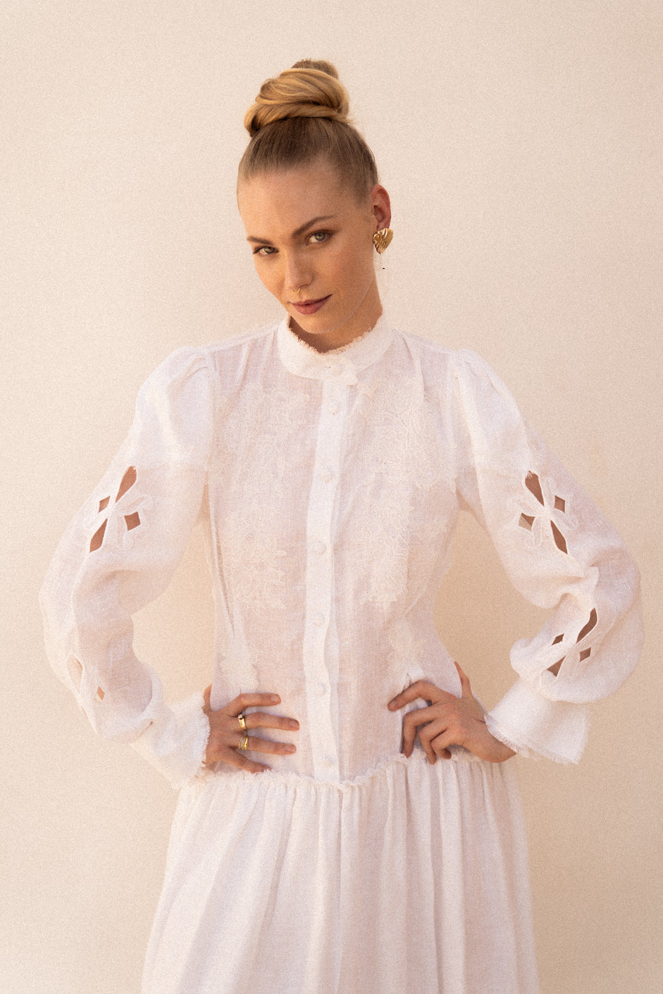 Maxi-length embroidered semi fitted backless dress