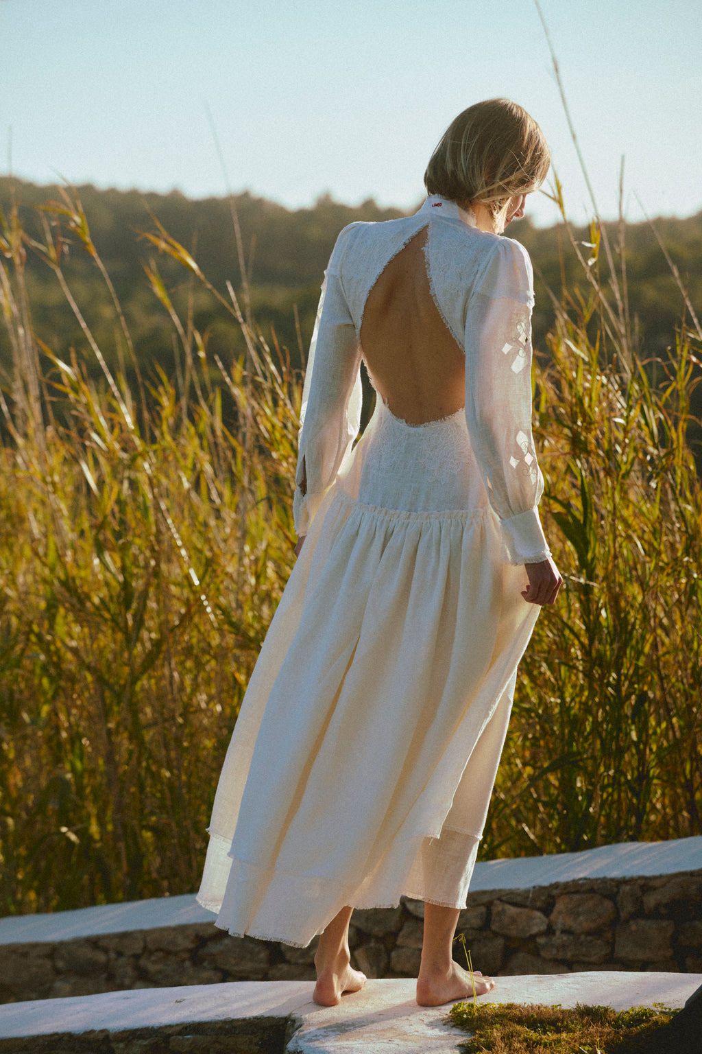 Maxi-length embroidered semi fitted backless dress