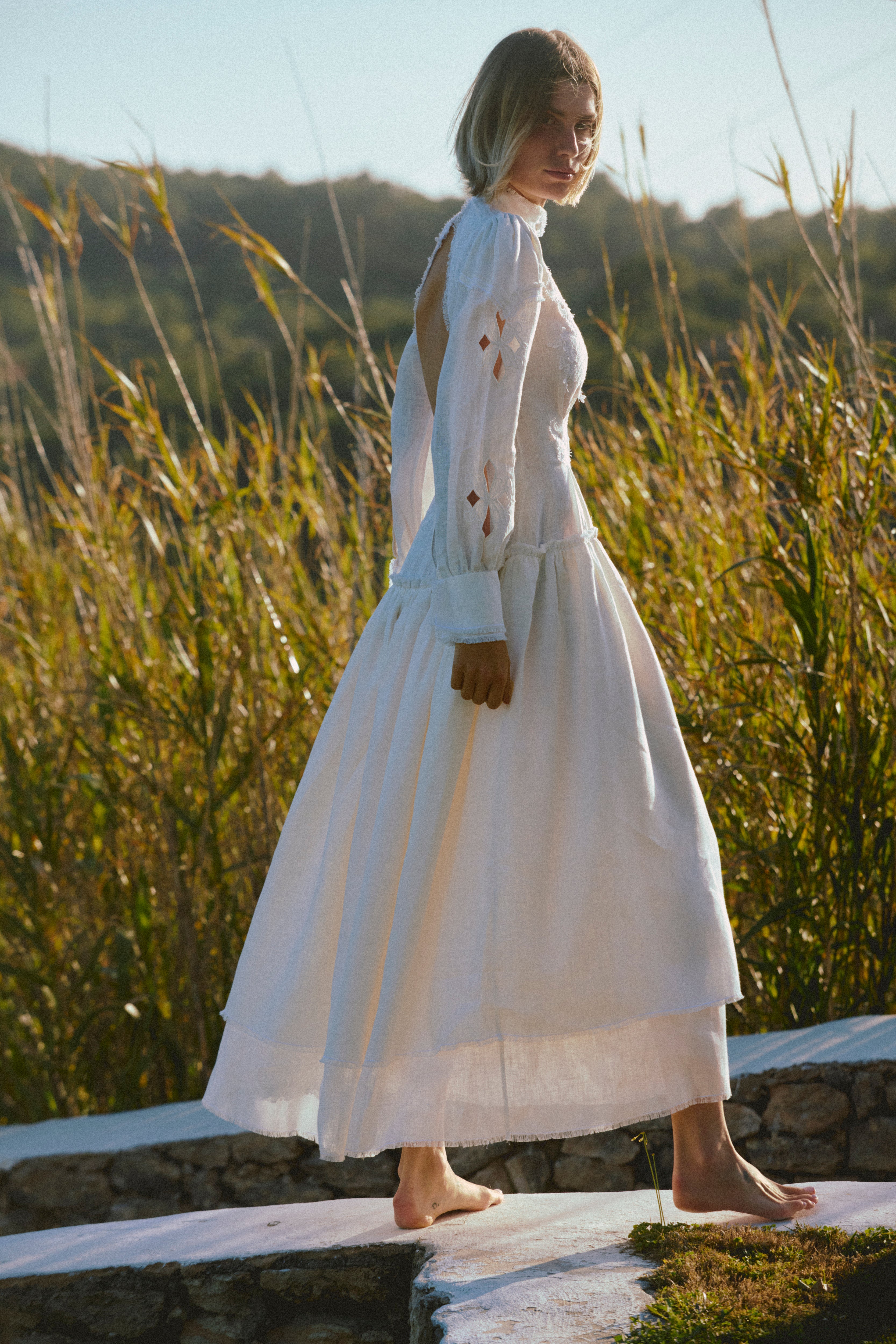 Maxi-length embroidered semi fitted backless dress