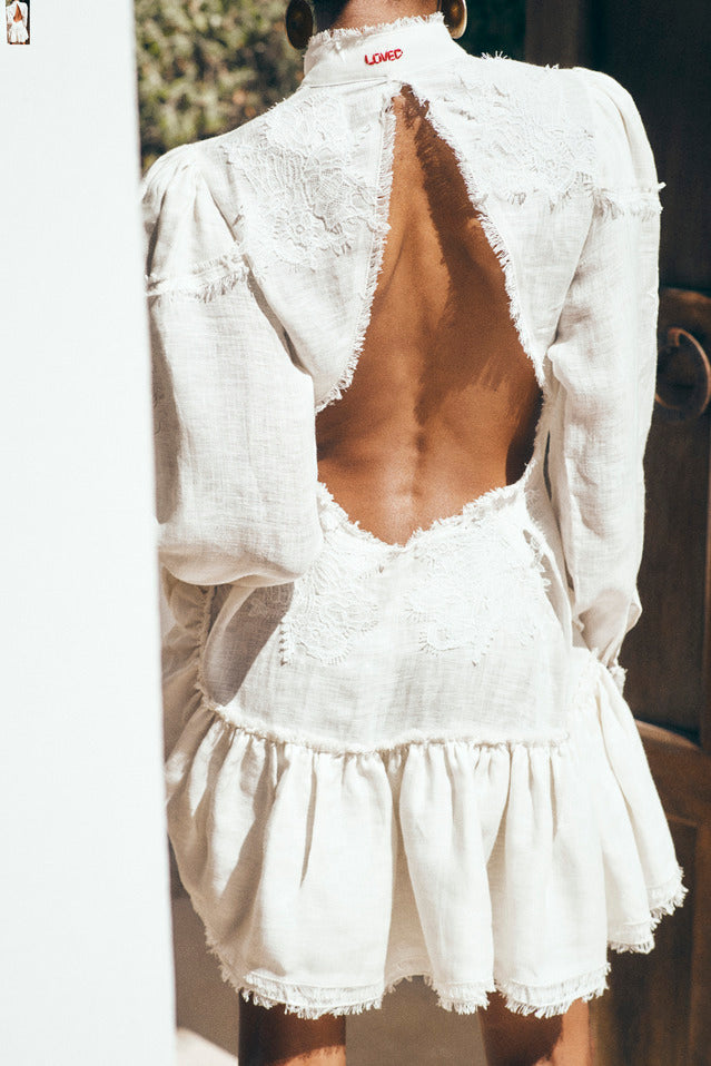 Embroidered Semi Fitted Backless Linen Dress | Atelier Handmade ATELIER HANDMADE Embroidered Semi Fitted Backless Linen Dress | Atelier Handmade ATELIER HANDMADE